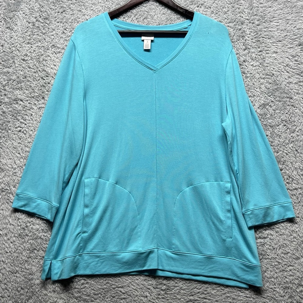 Chicos Weekends Top Womens 3‎ US XL Blue Turquoise 3/4 Sleeve Pockets Coastal